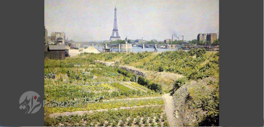 برج ایفل سال ۱۹۱۴ ، از این فاصله می‌توانیدبرج ایفل را همراه با مناظر اطرافش در این عکس ببینید