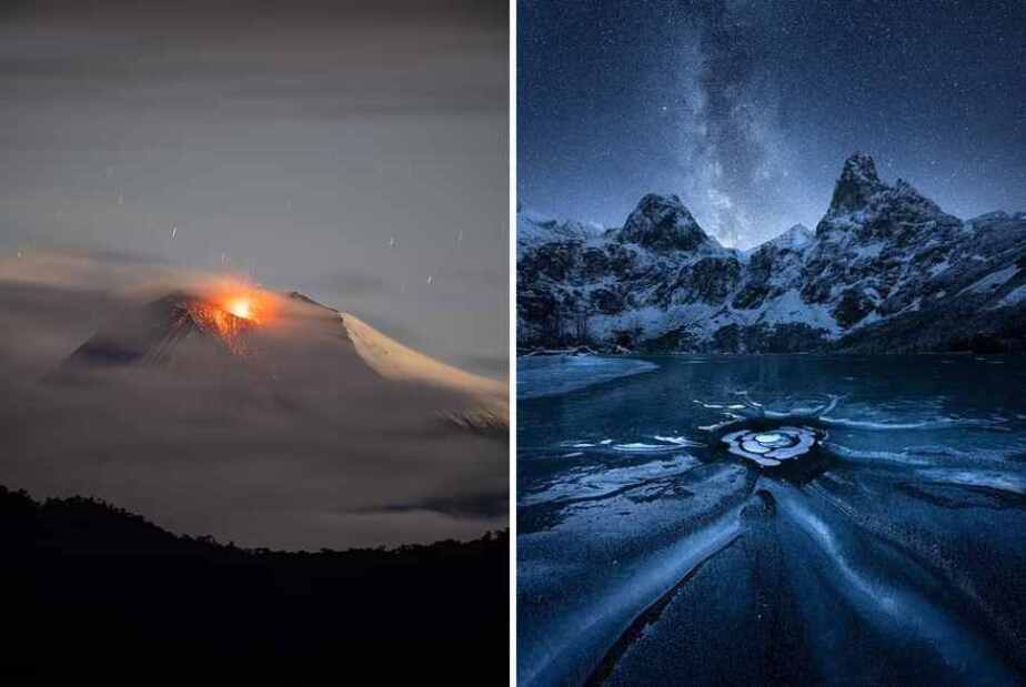 چپ: آتشفشان قدرتمند سنگای اکوادور، در این عکس ثبت کرده است. راست: این عکس مسحور کنند در اوایل زمستان در کوه‌های تاترا در اسلواکی گرفته شده است 