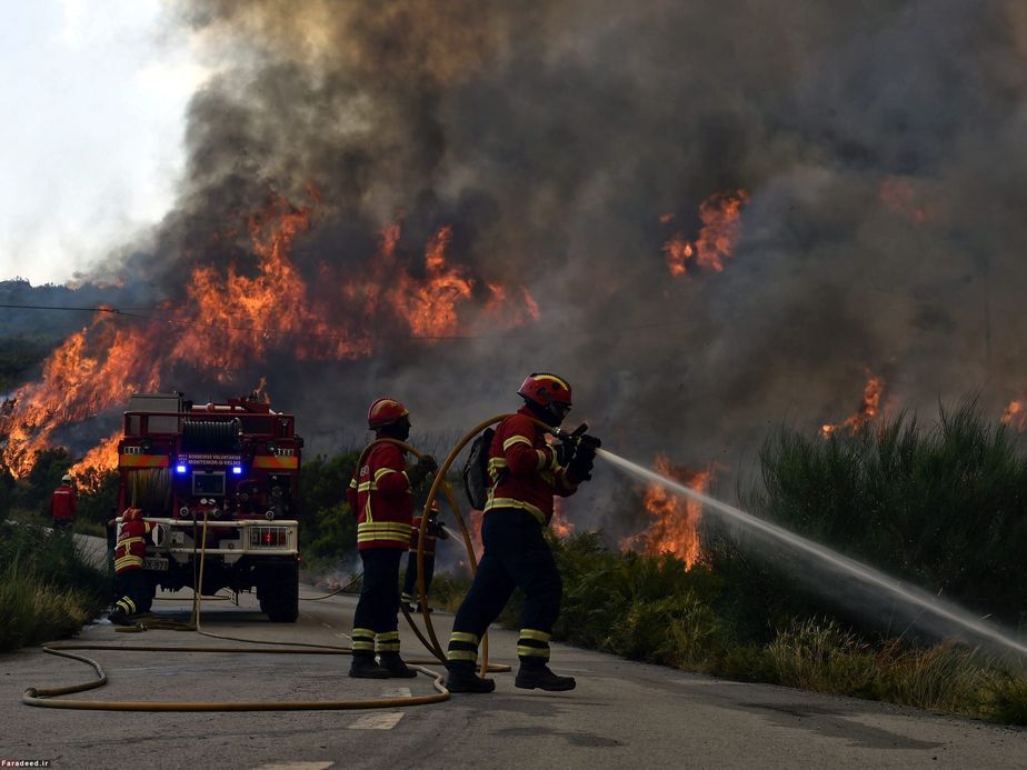 تلاش آتشنشان‌ها برای خاموش کردن آتش جنگل در پرتغال