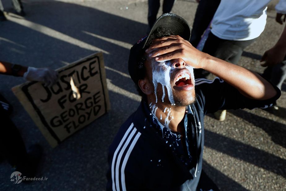 یکی از معترضان که در معرضِ گاز اشکآور قرار گرفته صورتش را با شیر میشوید. عکاس: John Minchillo/AP